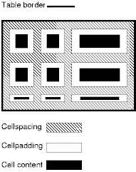 cellspacing과 cellpadding 애트리뷰트를 설명 한 이미지(영문 원문 그래픽).